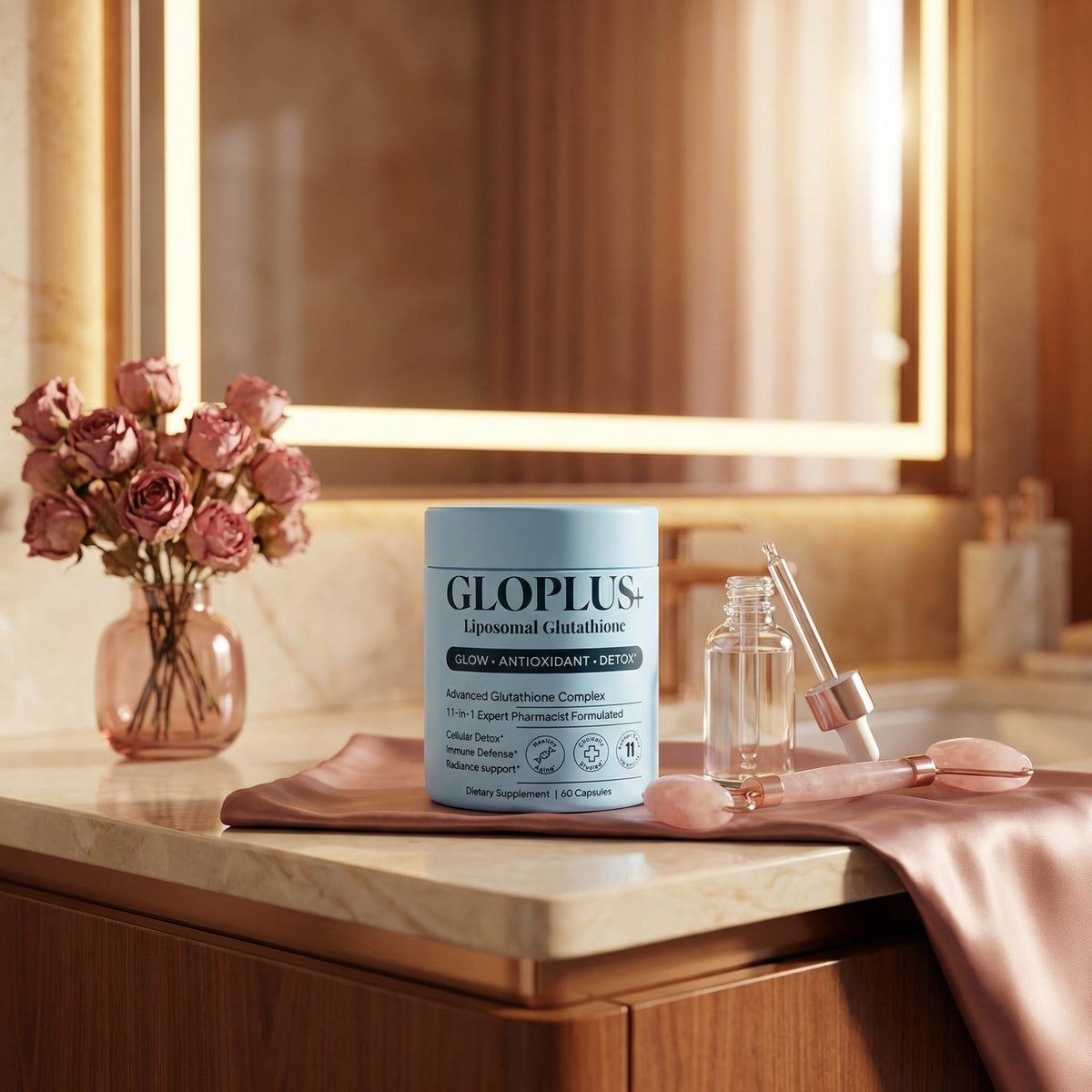 GLOPLUS+ supplement on bathroom vanity with glass serum dropper and dried roses in warm mirror light