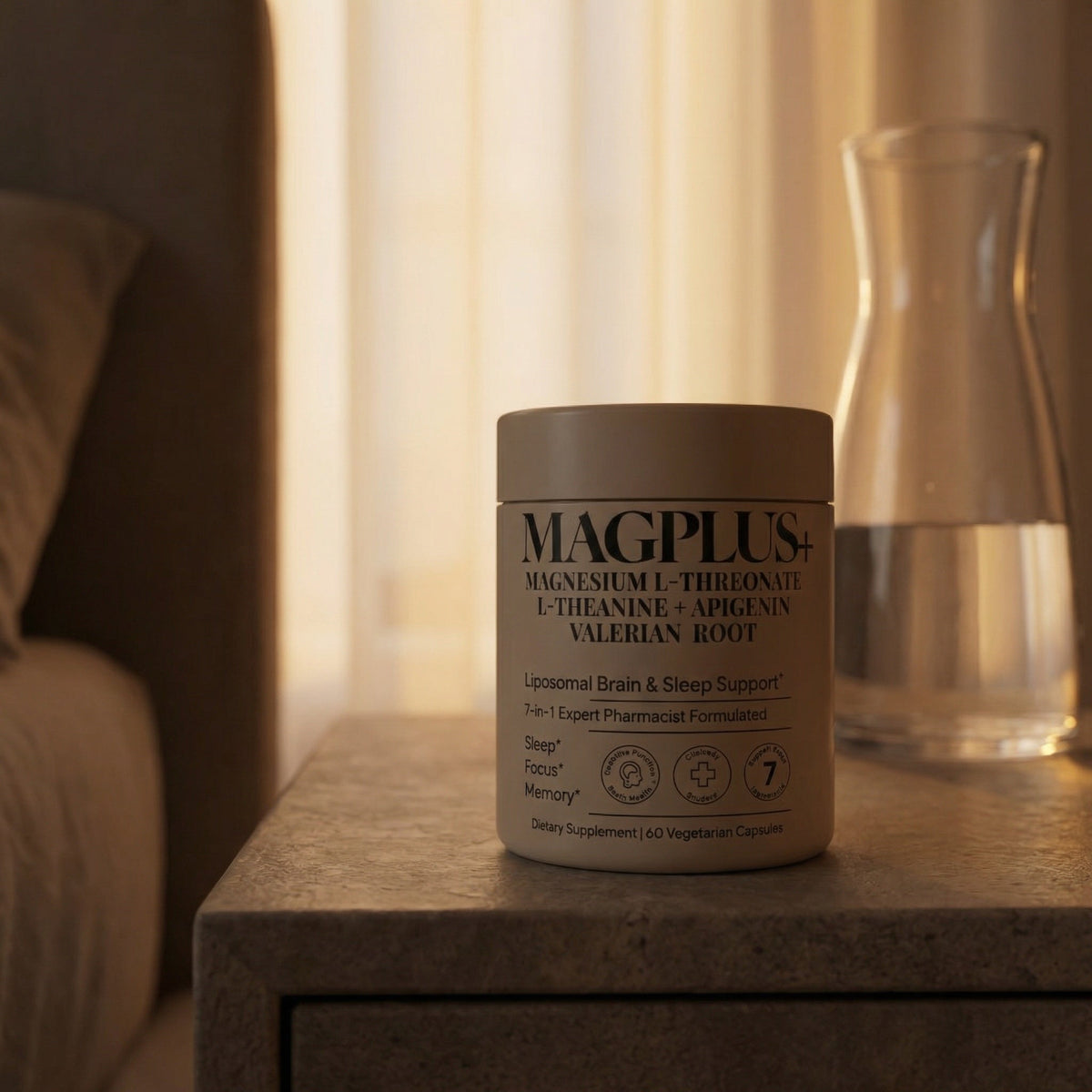 MAGPLUS supplement on a stone bedside surface with soft warm light and sheer curtains