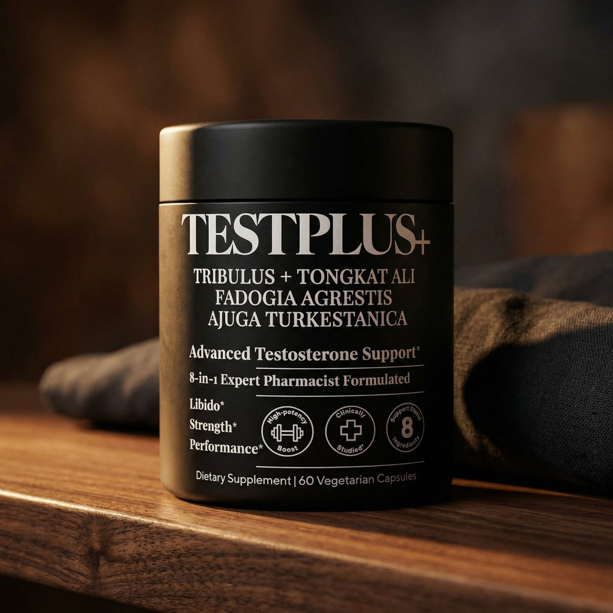 TESTPLUS supplement on dark walnut wood with warm dramatic side lighting — masculine intensity