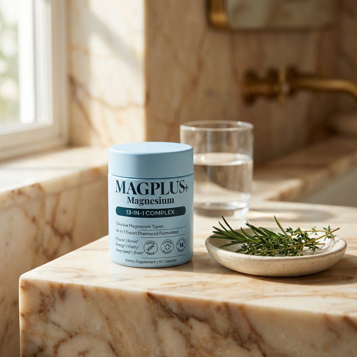 TotalMAG supplement on a marble bathroom vanity in morning light with ceramic dish and herb sprig