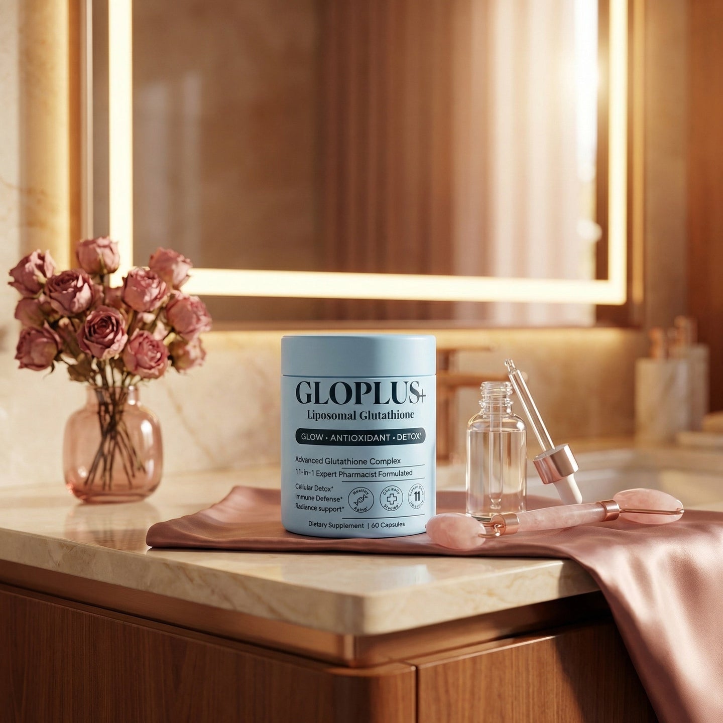 GLOPLUS+ supplement on bathroom vanity with glass serum dropper and dried roses in warm mirror light
