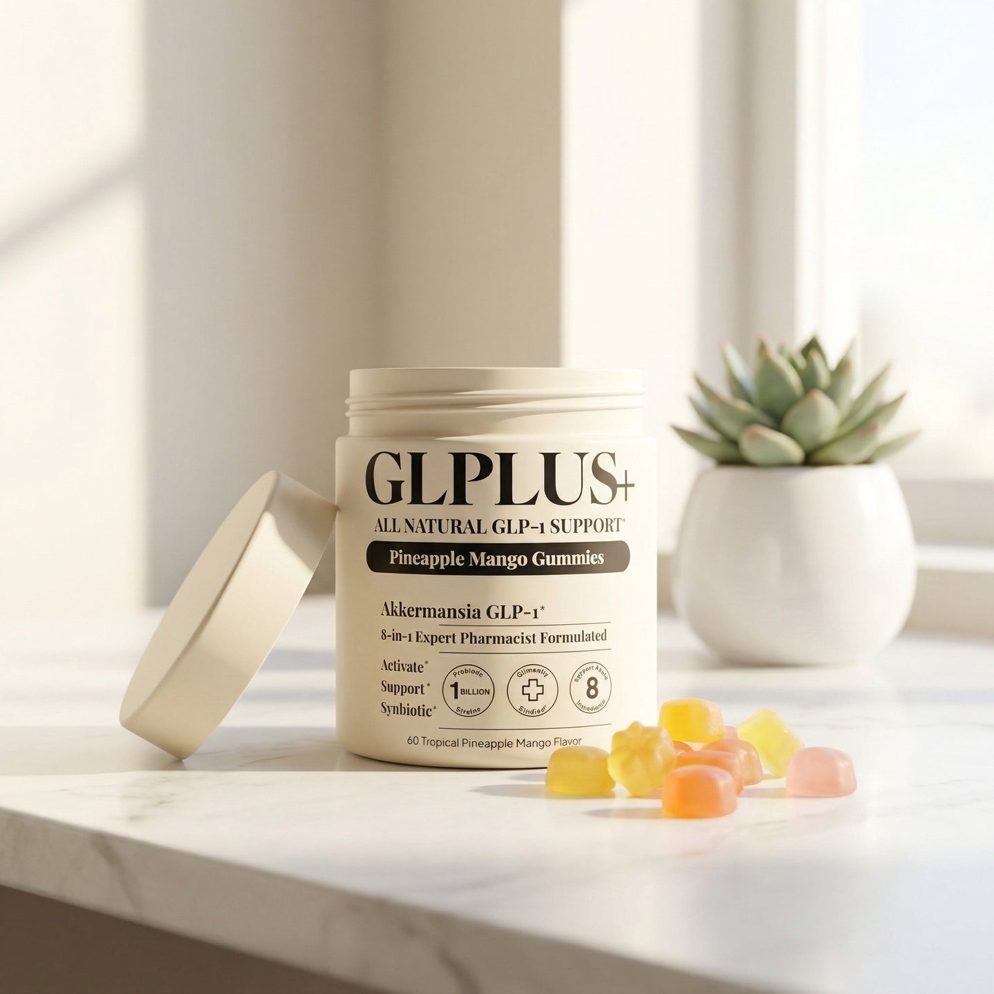 GLPLUS+ GLP-1 gummies supplement on clean white desk with colorful gummies