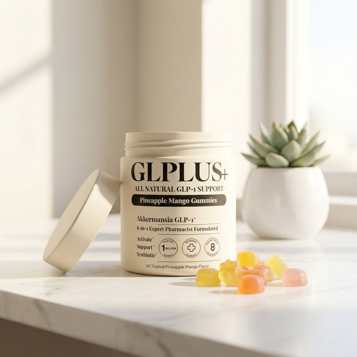 GLPLUS+ GLP-1 gummies supplement on clean white desk with colorful gummies