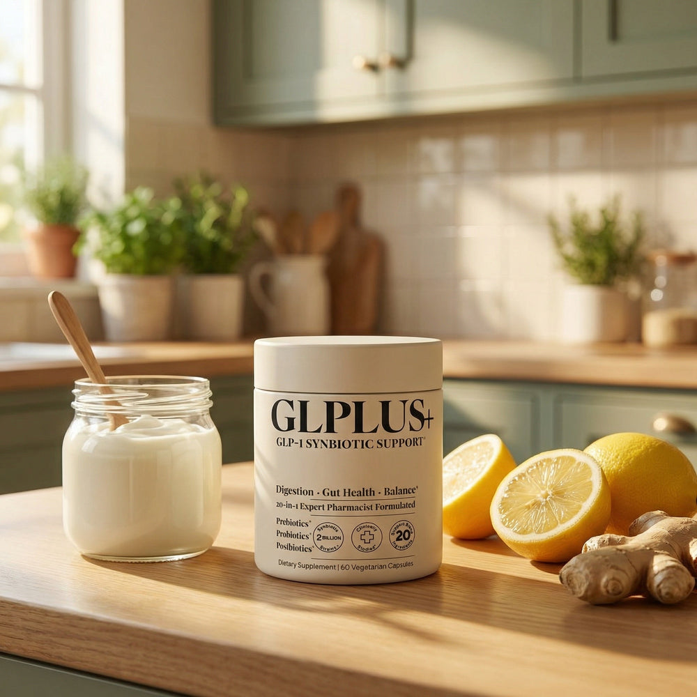GLPLUS+ Synbiotic supplement in a morning kitchen setting with Greek yogurt and fresh ginger