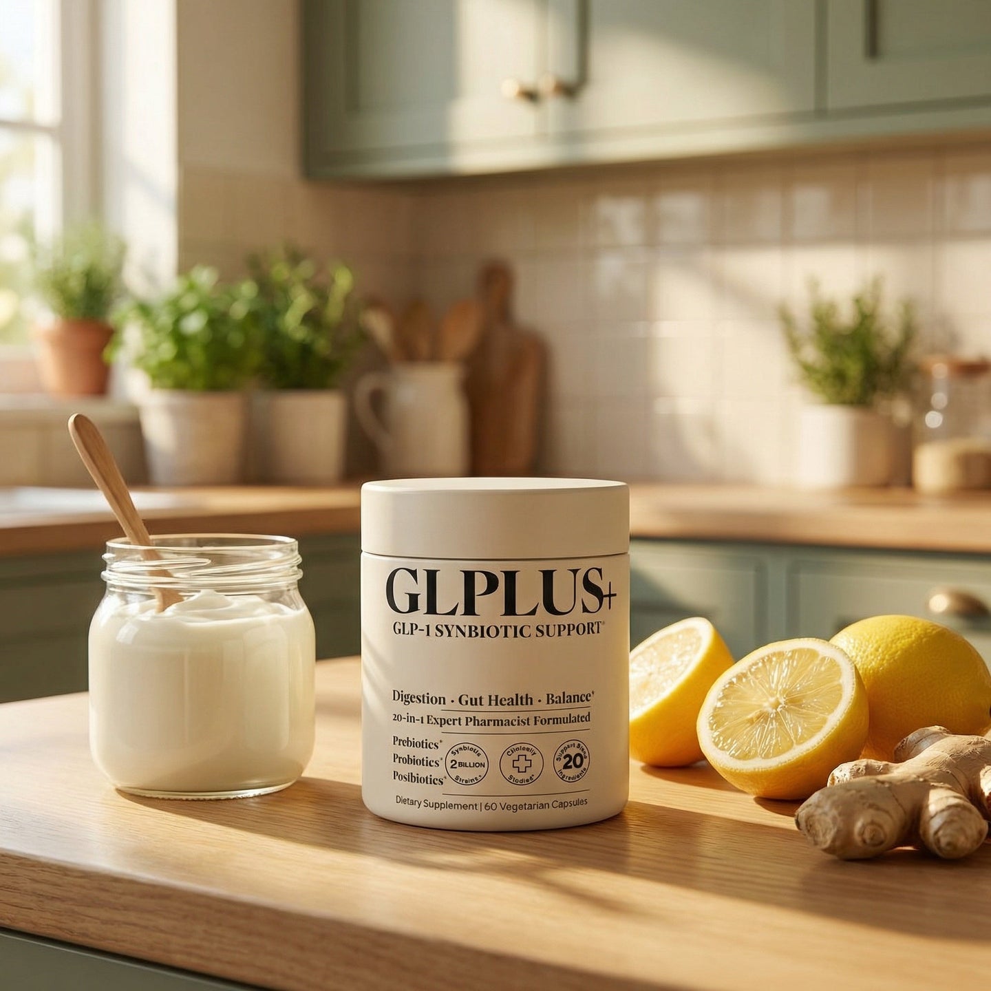 GLPLUS+ Synbiotic supplement in a morning kitchen setting with Greek yogurt and fresh ginger