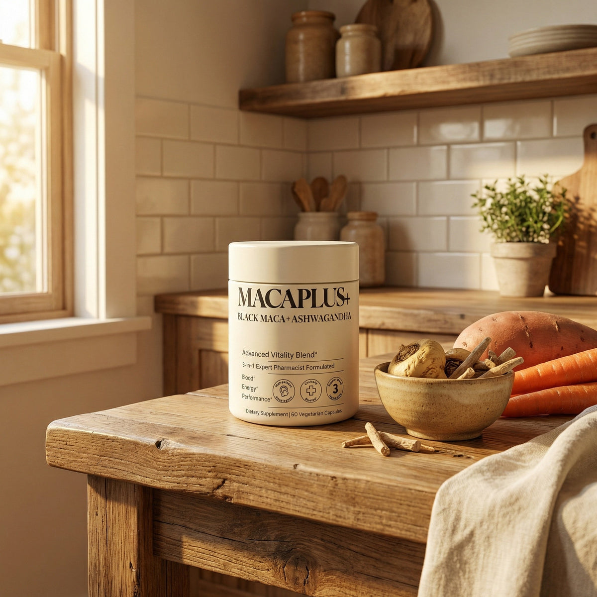 MACAPLUS+ maca supplement on a warm kitchen counter in morning natural light