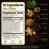 SOURSOP BITTERS+ supplement facts label, 3,100 mg 16-in-1 blend per serving